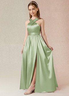 Azazie Jiya Junior Dusty Sage A-Line Pleated Metallic Satin Dress image1
