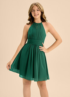 Azazie Bonnie Junior Emerald A-Line Pleated Chiffon Dress image5