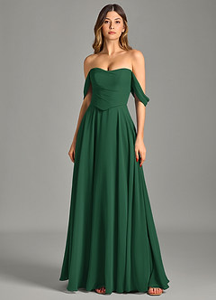 Azazie Chelsey Abiti da Damigella Abito Convertibile A-Line in Chiffon a Spalla Scoperta Verde Scuro image6