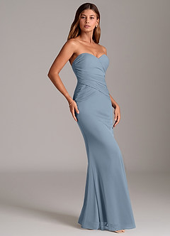 Azazie Katelyn Jurken voor bruidsmeisjes Converteerbaar Jurk van Mesh met Kolom Strapless Stoffig Blauw image4