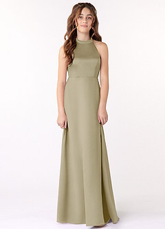 Azazie Laurel Junior Moss Green A-Line Stretch Satin Dress image1