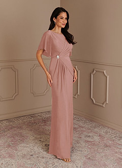 Azazie Louanne At-home Try On Dresses Dusty Rose Mermaid Boatneck Pleated Luxe Knit Dress image2