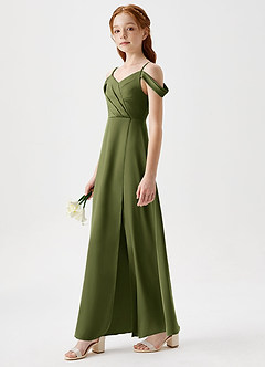 Azazie Ocean Junior Olive A-Line Off the Shoulder Stretch Satin Dress image3