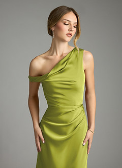 Azazie Emerson Bridesmaid Dresses Lemongrass Mermaid Off the Shoulder Stretch Satin Dress image6