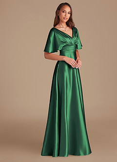Azazie Pamela Vestidos de damas de honor Vestido de Verde Oscuro de Satén Metálico de Corte en A con Plisado image3