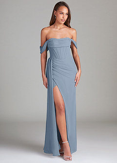 Azazie Amyra Bridesmaid Dresses Dusty Blue Sheath Off the Shoulder Chiffon Convertible Dress image3