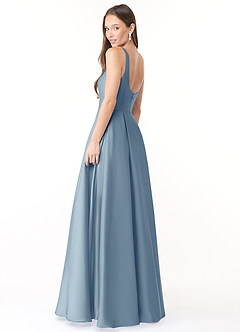 Azazie Neve Vestidos de damas de honor Vestido de Azul Polvoriento de Satén Elástico de Corte Princesa con Con bolsillos image4