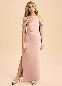 Azazie Saige Junior Robe Fourreau en Satin extensible Épaule décolletée Or Rose image3