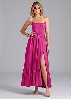 Azazie Leilana Bridesmaid Dresses Fuchsia A-Line Corset Stretch Satin Dress image4