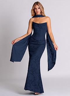 Azazie Sorrel Bridesmaid Dresses Dark Navy Mermaid Corset Floral Burnout Convertible Dress image1