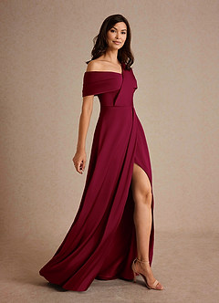 Azazie Milton Mother of the Bride Dresses Burgundy A-Line Pleated Stretch Satin Dress image2