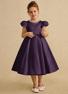 Azazie Pearl Flower Girl Dresses Plum Ball-Gown Pleated Matte Satin Dress image1
