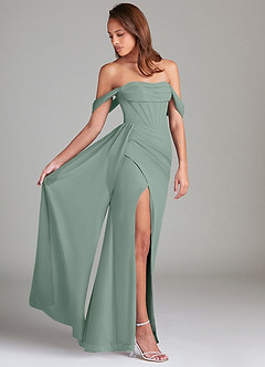 Azazie Amyra Robes de demoiselle d'honneur Robe Fourreau Convertible en Mousseline de soie Épaules dénudées Sauge D'argent image2