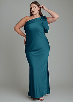 Azazie Yuanna Bridesmaid Dresses Ink Blue Mermaid One Shoulder Stretch Satin Dress image11