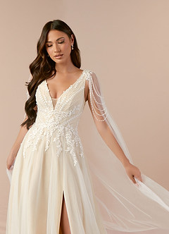 Azazie Goddess Wedding Dresses Diamond White Champagne A-Line V-Neck Sequins Tulle Dress image5