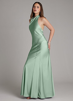 Azazie Sahara At-home Try On Dresses Agave A-Line Pleated Stretch Satin Dress image3