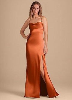 Azazie Camila Bridesmaid Dresses Burnt Orange Sheath Sweetheart Neckline Metallic Satin Dress image1
