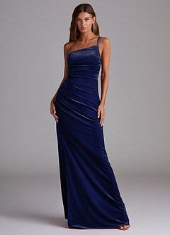 Azazie Eren Bridesmaid Dresses Dark Navy Sheath One Shoulder Velvet Dress image3