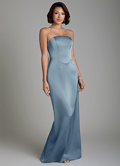 Azazie Fallyn Robes de demoiselle d'honneur Robe Fourreau en Satin extensible Corset Bleu Poussiéreux image5