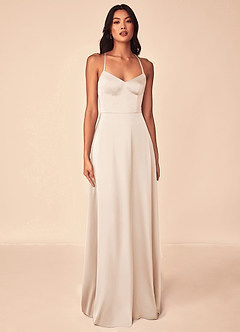 Azazie Mei Vestidos de damas de honor Vestido de Alabastro Blanco de Satén Elástico de Corte en A con Cuello en V image1