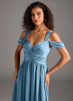 Azazie Lianne Vestidos de damas de honor Vestido de Azul Acero de Satén Elástico de Corte en A con Vestidos sin tirantes image3