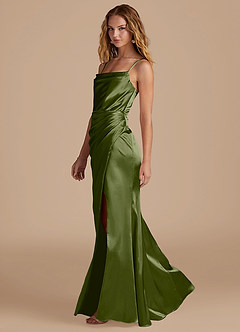 Azazie Marzia Bridesmaid Dresses Olive Mermaid Pleated Metallic Satin Dress image2