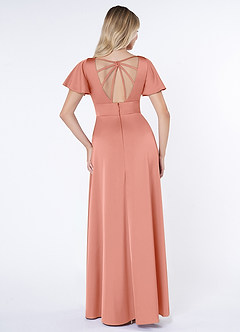 Azazie Lani Bridesmaid Dresses Coral A-Line Flounce Sleeve Stretch Satin Dress image2
