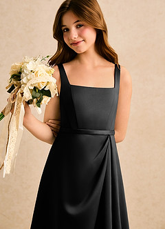Azazie Emiko Girls Formal Flower Girl Dresses Black A-Line Pleated Matte Satin Dress image5