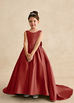 Azazie Mimia Flower Girl Dresses Terracotta A-Line Bow Matte Satin Dress image3