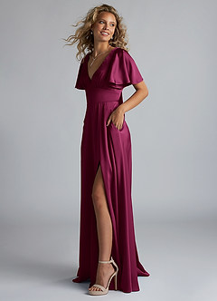 Azazie Kimber Bridesmaid Dresses Red Plum A-Line Ruched Stretch Satin Dress image6