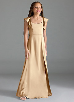 Azazie Bondi Junior Champagne A-Line Side Slit Stretch Satin Dress image3