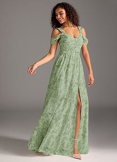 Azazie Lianne Vestidos de damas de honor Vestido de Floral Helecho Verde de Gasa de Corte en A con Vestidos sin tirantes image4