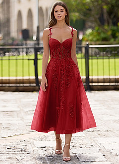 Zosia Red Lace A-line Lace Up Back Midi Dress image3
