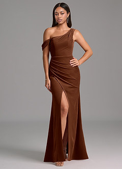 Azazie Madelyn Jurken voor bruidsmeisjes Jurk van flueel met Kolom One-Shoulder Omber image1