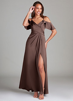 Azazie Dakota Bridesmaid Dresses Ganache A-Line Off the Shoulder Stretch Satin Dress image4