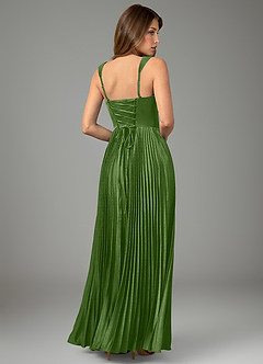 Azazie Avenelle At-home Try On Dresses Dark Green A-Line Corset Stretch Satin Dress image2