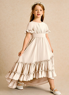 Azazie Kass Flower Girl Dresses White Alabaster A-Line Pleated Chiffon Dress image1