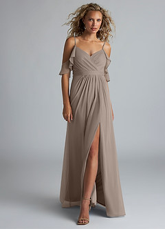 Azazie Fiena Final Sale Taupe A-Line V-neck Ruched Mesh Dress image4