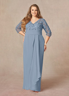 Azazie Joan Mère de la mariée Robes Robe Fourreau en Mousseline de soie Col V Dentelle Bleu Poussiéreux image6