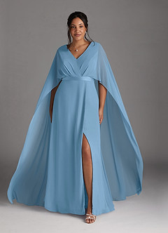 Azazie Isa vestidos de madre de la novia Vestido de Azul Acero de Gasa de Corte En A con Cuello en V plisado image7