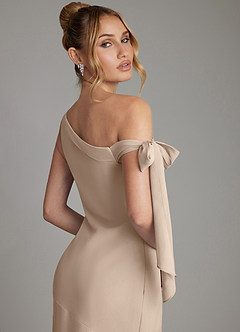 Azazie Aylin Bridesmaid Dresses Taupe Sheath Off the Shoulder Chiffon Dress image7