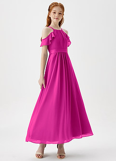 Azazie Chaya Junior Fuchsia A-Line Off the Shoulder Chiffon Dress image6