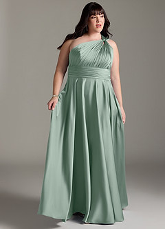 Azazie Charlize Robes de demoiselle d'honneur Robe Trapèze en Satin extensible Asymétrique Agave image11