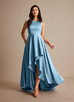 Azazie Niles Mother of the Bride Dresses Steel Blue A-Line Trains Stretch Satin Dress image6