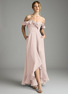 Azazie Lyra Bridesmaid Dresses Blushing Pink A-Line Off the Shoulder Stretch Satin Convertible Dress image1
