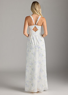 Azazie Mero Bridesmaid Dresses Blue Vintage Floral Sheath Pleated Chiffon Dress image6