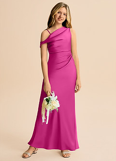 Azazie Emerson Junior Fuchsia Sheath Off the Shoulder Stretch Satin Dress image5