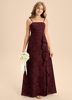 Azazie Kaylee Junior Cabernet A-Line with Belt Floral Burnout Dress image3