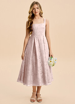 Azazie Amalie Junior Blushing Pink A-Line Ruched Floral Burnout Dress image4