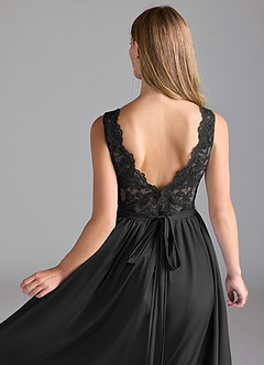 Azazie Elly Vestidos de damas de honor Vestido de Negro de Satén Elástico de Corte en A con Encaje image6
